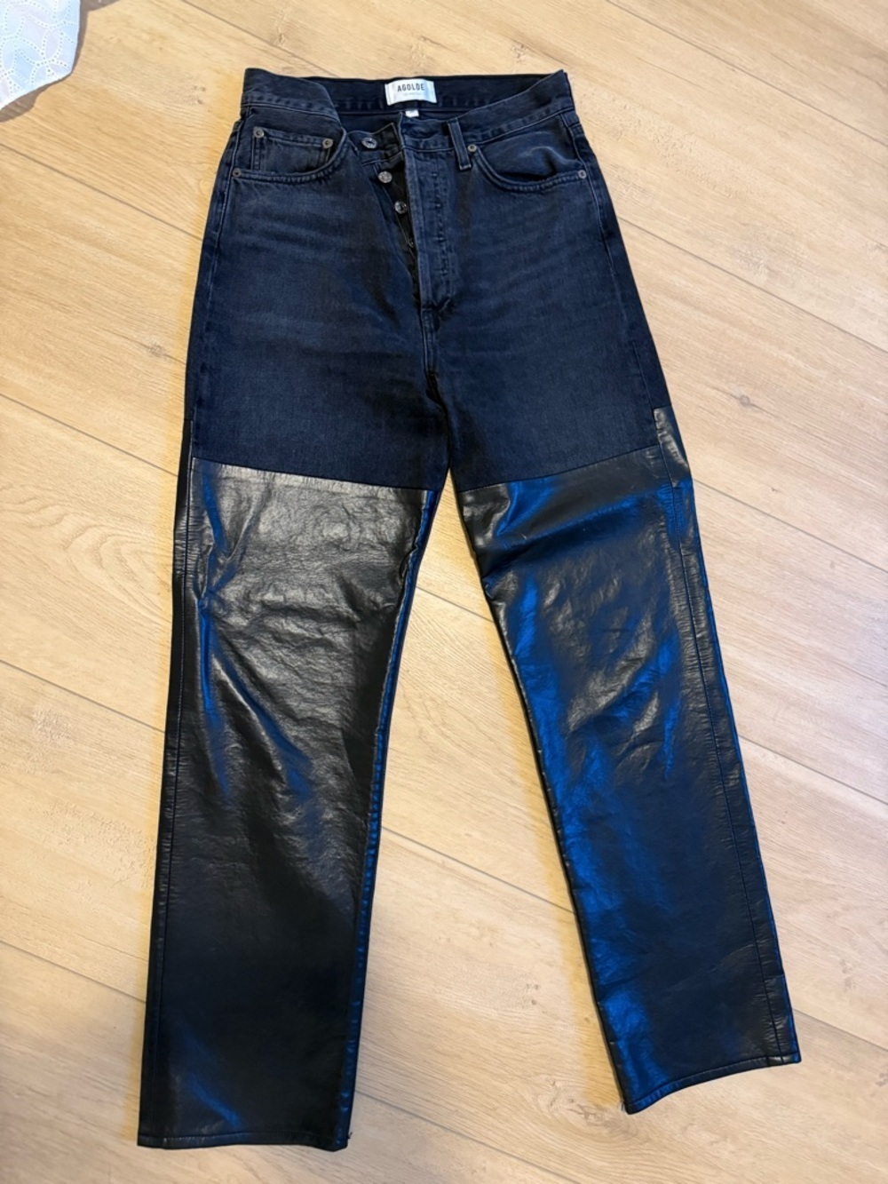 Agolde Black Two-Tone Straight-Leg Jeans with Faux Leather Panels - Picture 2 of 4